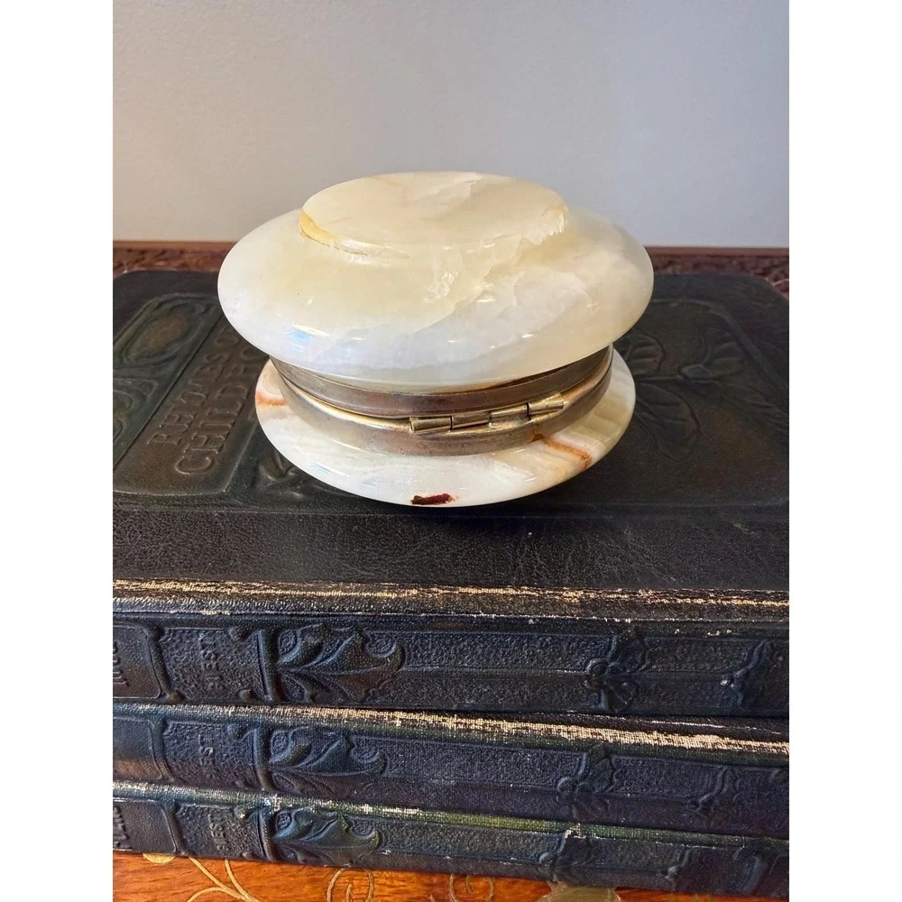 Vintage‎ Onyx Jewelry Box - Small Round Stone Trinket Box